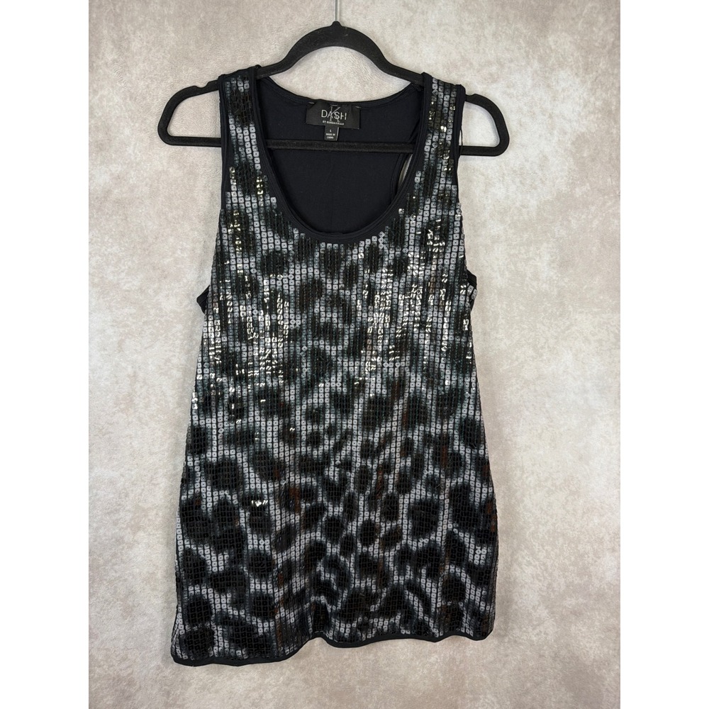 Y2K DASH by Kardashian‎ Women's Sequined Leopard Print Tank Black Silver Size L